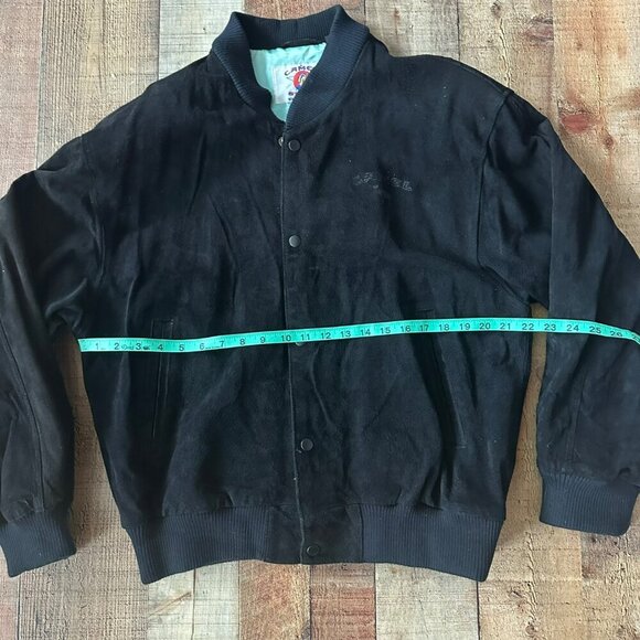 Vintage Camel Black Leather Suede Bomber Jacket With Ribbed Cuffs & Snap Buttons - Picture 2 of 12